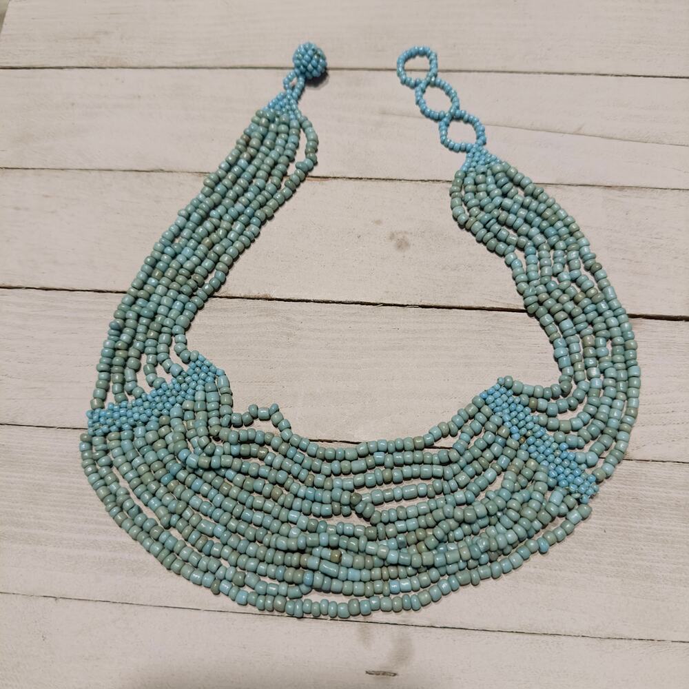 Vintage Beach Inspired Turquoise Blue Beaded Multi Strand Statement Necklace